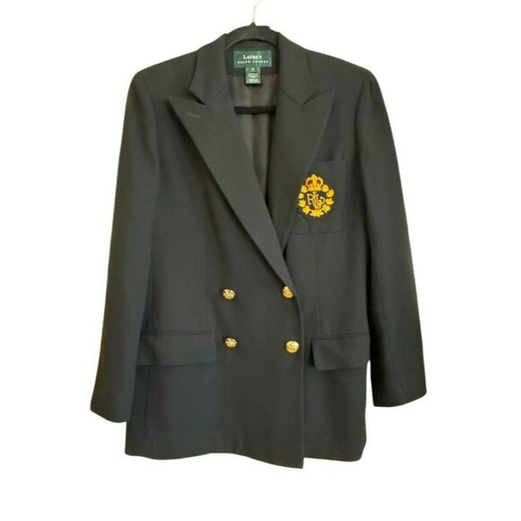 Lauren Ralph Lauren Black Wool Blazer Jacket 4 Double-Breasted 3D Logo Crest - Picture 1 of 5